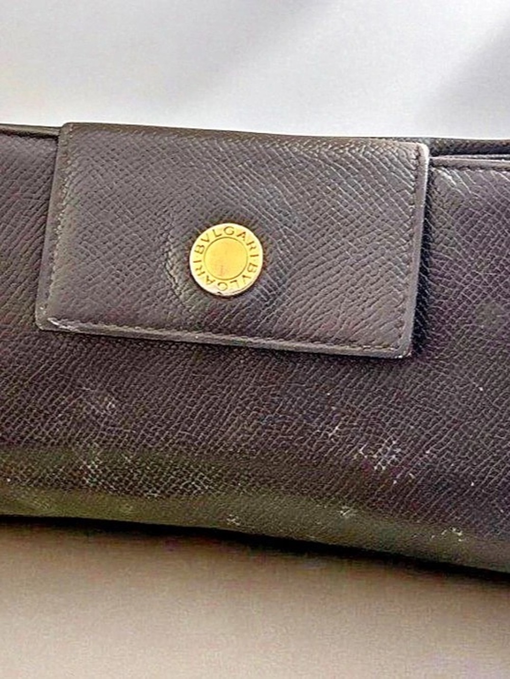 BVLGARI Vintage Textured Leather Long Trifold Snap Wallet with gold tone snaps